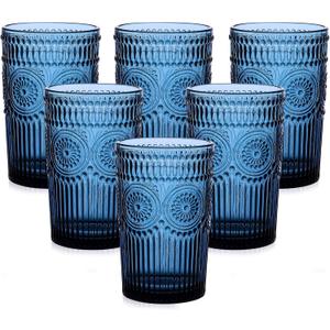 ZMOWIPDL Vintage Glassware Drinking Glasses Set of 6,13 oz Blue Textured Flower Design Glass Water TumblersEmbossed Striped Drinkware for Water,Cocktails,Juice,Iced Coffee
