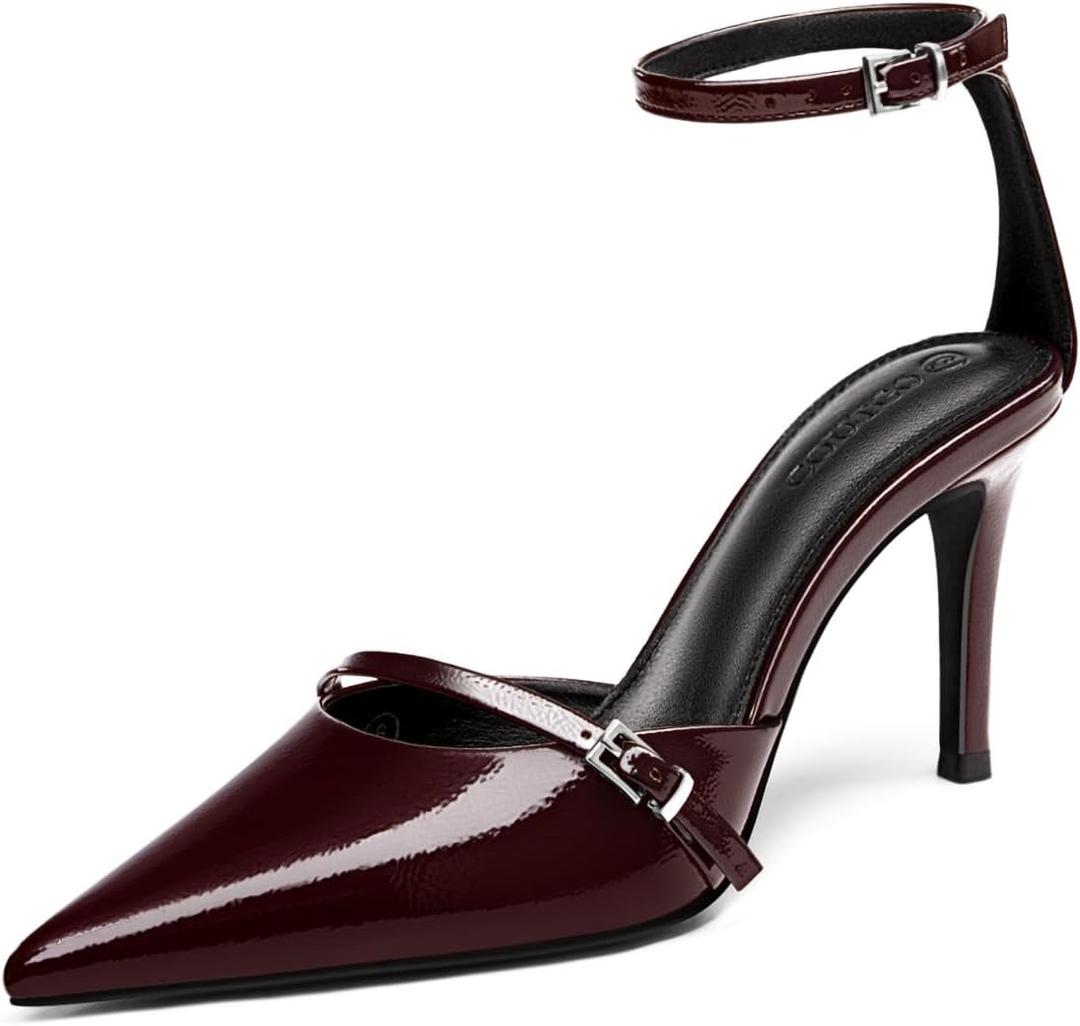 Coutgo Womens High Heels Closed Pointed Toe Ankle Buckle Strap Sexy Pumps Wedding Party Dress Shoes