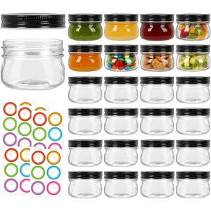 4 oz Mason Jars With Black Lid, 24 Pack Regular Mouth Canning Jars for Jam, Honey, Yogurt, Spices, Snacks, DIY Projects, Wedding Favors- Includes 30 Stickers