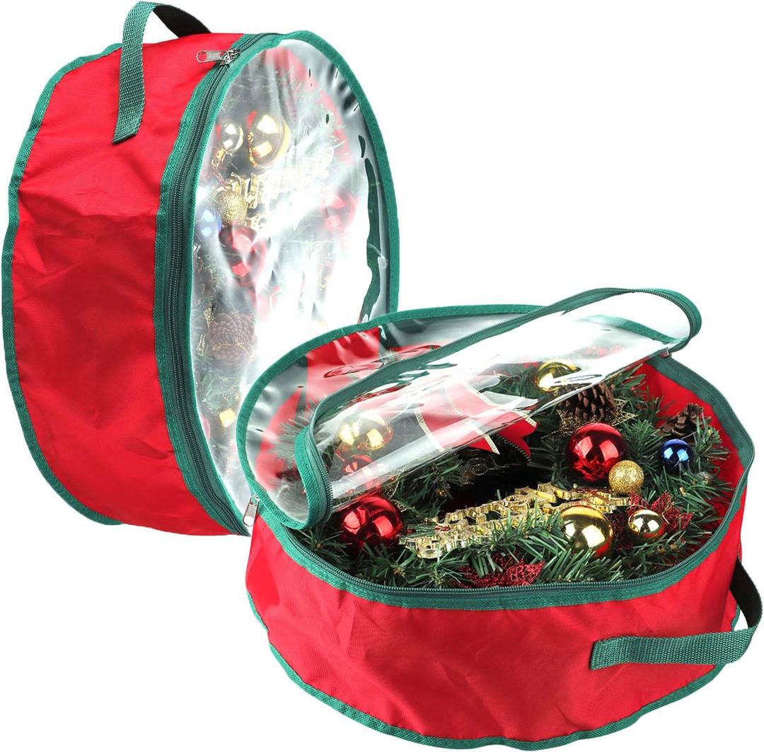 2Pcs 16Inch Christmas Wreath Storage Bag,Portable Artificial Wreaths Organizer Container with Dual Zippered Transparent Window & Handles