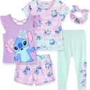 Disney Minnie Mouse Moana Little Mermaid Girls 5 Piece Set with 2 Tops, Leggings, Shorts & Scrunchie for Toddlers & Big Kids (10, Purple/Aqua)