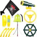 Swing Set Accessories Outdoor Playground Accessories Backyard Playground Equipment with Telephone, Ship Wheel, Telescope, Bell, Safety Handle Bars, Pirate Flag for Playhouse (Yellow, Green)