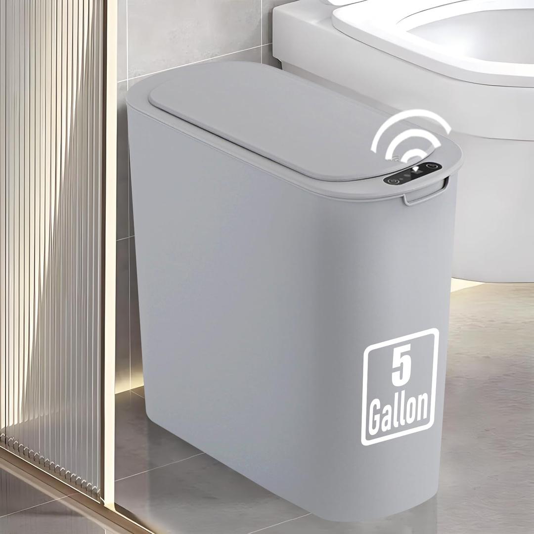 TIPGO 5 Gallon Motion Senor Bathroom Can with Lid, Automatic Garbage Can Touchless, Smart Plastic Waste Basket for Narrow Spaces, Bathroom, Office, Bedroom, Living Room (Gray)