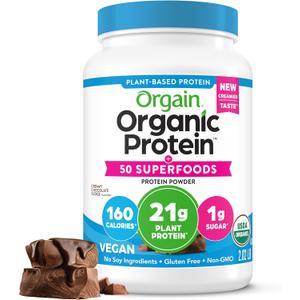 Orgain Organic Vegan Protein + 50 Superfoods Powder, Creamy Chocolate Fudge - 21g Plant Based Protein, 9g Prebiotic Fiber, No Lactose, Gluten Free, No Added Sugar, 2.02 lb (Packaging May Vary), Expiry: 10-31-2026