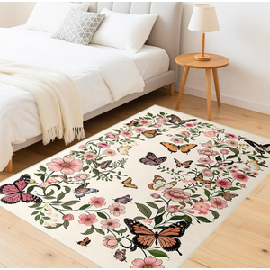 Area Rug for Living Room 5'x7' - Floral Butterfly Print 5x7 Area Rugs for Living Room Soft Black Washable Rugs Ultra-Thin Indoor Door Mat Beige
