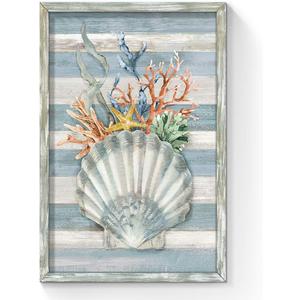 Seashell Wall Art Wooden Framed: Vertical Ocean Coral Starfish Seaweed Picture Teal Vintage Rustic Nautical Coastal Beach Marine life Painting Prints on Wood Plank Hand Painted Artwork for Bathroom 24x16"