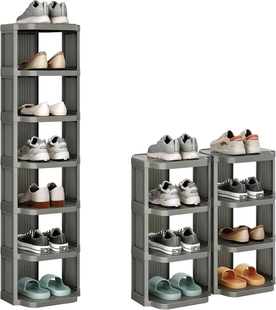 Kitstorack 8-Tier Vertical Plastic Shoe Rack, Freestanding Stackable Shoe Storage Organizer Cubes Shoe Shelf Tower or Small Closets and Tight Spaces, Gray