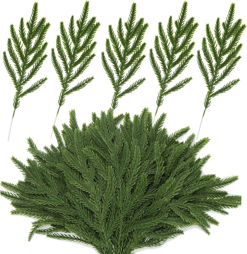 30 Pcs Christmas Real Touch Norfolk Stems, 15Inch Artificial Pine Branches Faux Evergreen Pine Sprigs Fake Foliage Greenery Picks for Christmas Wreath Making DIY Crafts Home Decor (30, Dark Green)