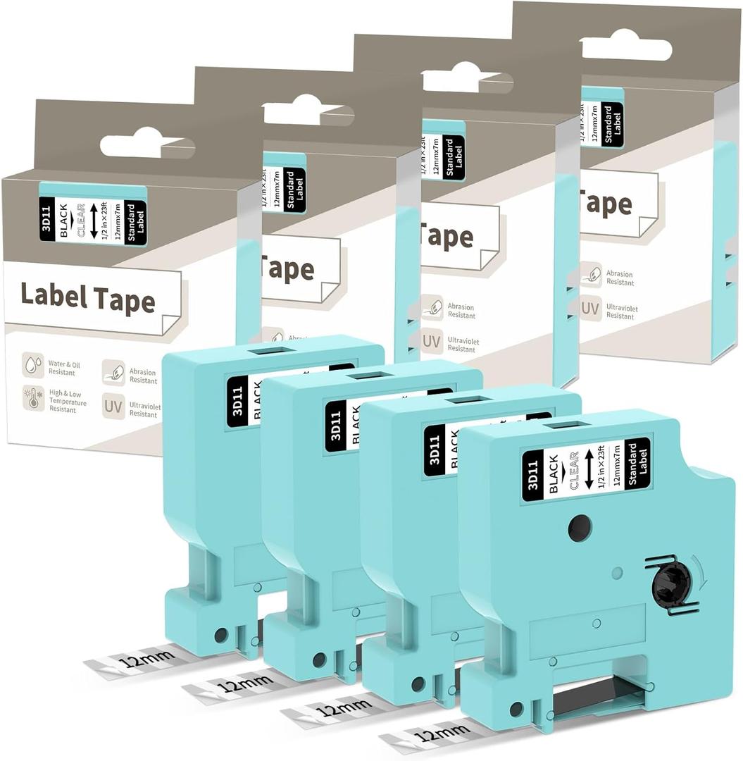 4 Pack Tapes Compatible with DYMO D1 Label Tape 45010 S0720500 Replace for DYMO Label Maker Refills, 1/2Inch x 23Ft, Black on Clear, for Dymo LabelManager 160 210D 280 360D LM1600 D1600 Labeler