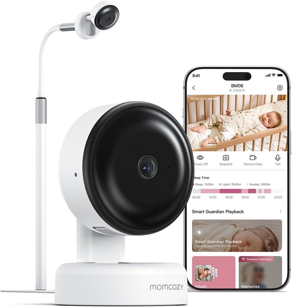 Momcozy Smart Baby Monitor, 2K HD Contact-Free Baby Camera, Table & Floor Stand, AI-Powered Notifications for Cry & Sound & Motion, Sleep Activity Log, 2-Way Audio, Night Vision, 2.4/5GHz WiFi, BM08