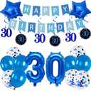 30th Birthday Party Decorations for Men Women in Blue Comprise Balloons with Swirl Decorations, A Happy Birthday Banner, A Set of 16-Inch "30" Numbers and Star Foil Balloons in Blue.