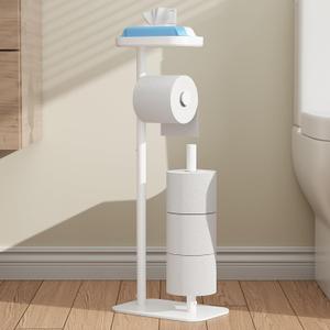 Kitsure Toilet Paper Holder Free Standing  Rustproof Metal Toilet Paper Stand for 4 Rolls with Anti-Slip Base and Shelf for Phone & Small Items, Bathroom Organizers and Storage, White