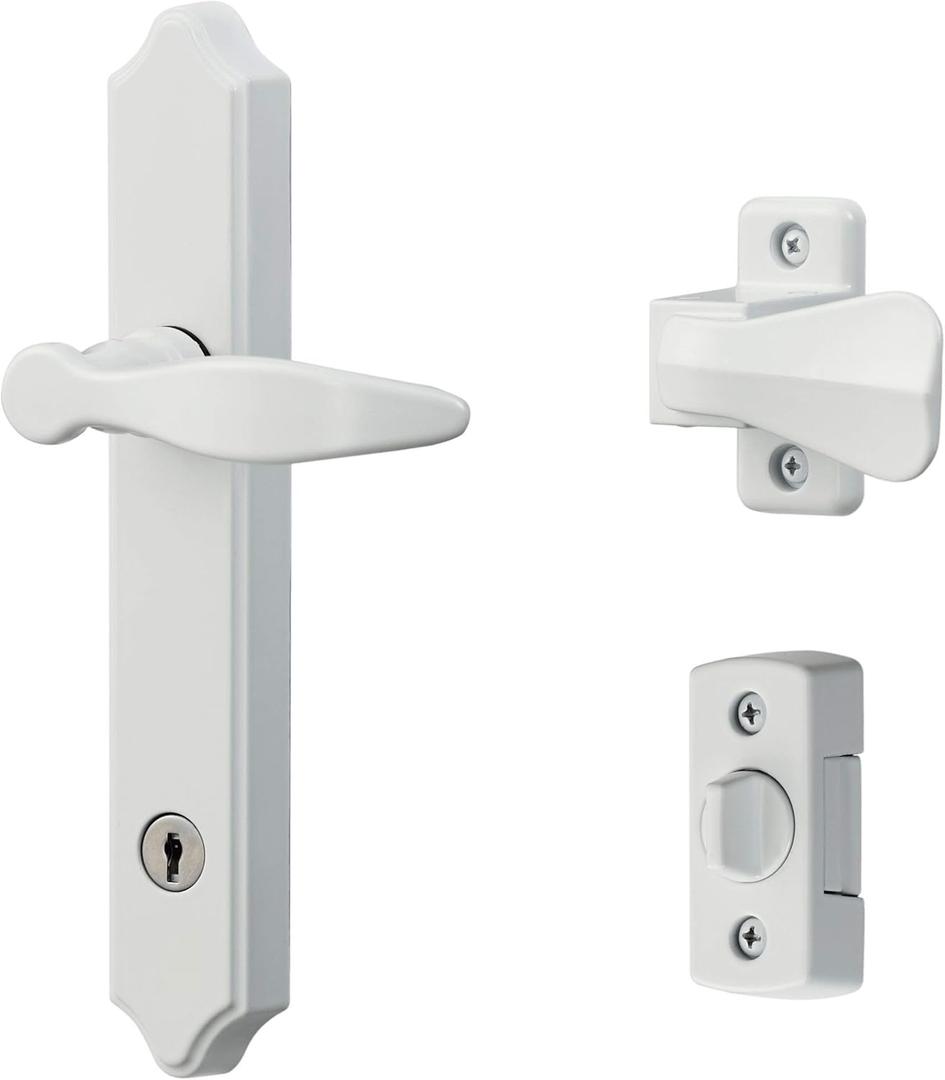 Ideal Security 1216 Surface Mount Storm Door Handle with Lock and Key for 1 – 1 ½ inches Thick Doors (White, 4Posts)