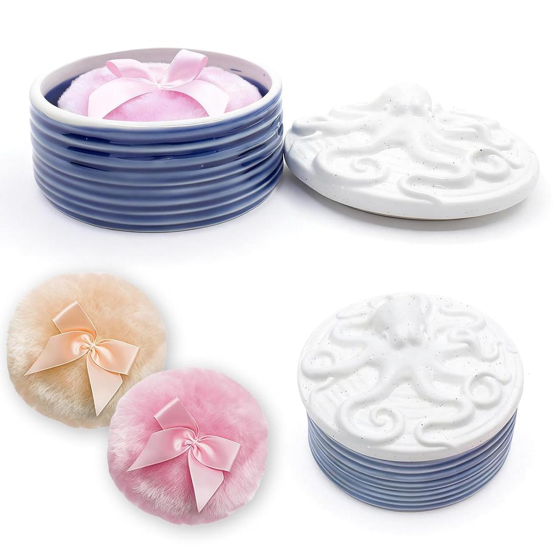 Large Body Powder Puff and Container - 4.4'' Ceramic Dusting Powder Container with 2 Soft Washable Reusable Velour Face Body Glitter Wet Dry Makeup (Blue)