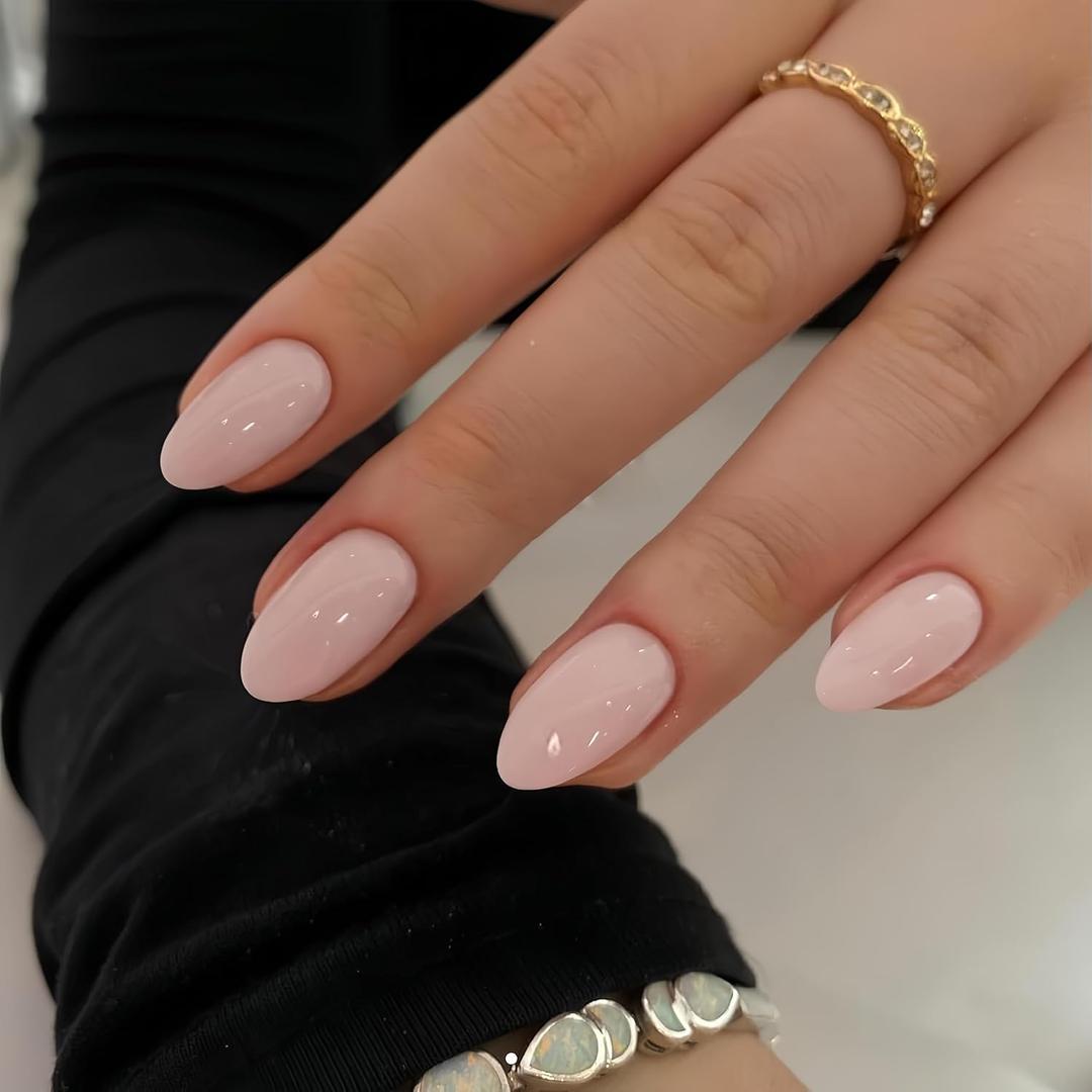 Dusty Pink Press On Nails Short Oval, KQueenest Acrylic Fake Nails Press Ons, Natural Glue on Nails Short Almond, Reusable One Color Soft Gel Stick On Nails Set For Women Wedding Daily Decoration