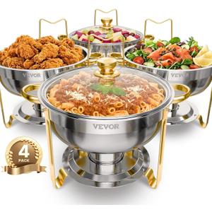 VEVOR Chafing Dish Buffet Set, 5 Qt 4 Pack, Stainless Steel Chafer with 4 Full Size Pan, Round Catering Warmer Server with Glass Lid Water Pan Folding Stand Fuel Holder, for Wedding Banquet, Gold