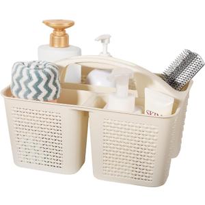 Plastic Portable Shower Caddy Basket with Handle, 3 Compartments, Beige