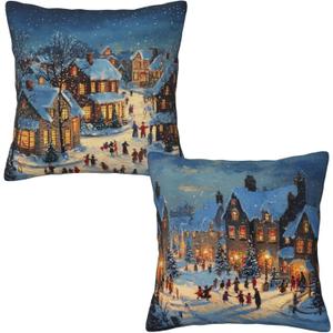 Blue Happy Winter Throw Pillow Covers 18x18 inch Set of 2 Christmas Pillow Case Cushion Cover for Home Sofa Couch Living Room Car Decor