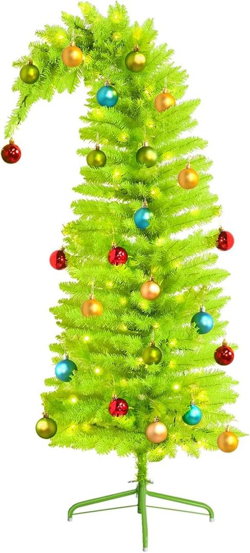 VioraWhite 5ft Whimsical Christmas Tree Large Lime Green Artificial Curved Prelit Xmas Tree with Red Ball and 30 LED Light String for Indoor Outdoor Porch Christmas Decorations