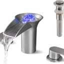 LED Waterfall Bathroom Sink Faucet, Deck Mount 3 Holes 8 Inch Widespread Vanity Faucet Modern 2 Handle Lavatory Basin Mixer Faucet Set with Pop Up Drain, Brushed Nickel