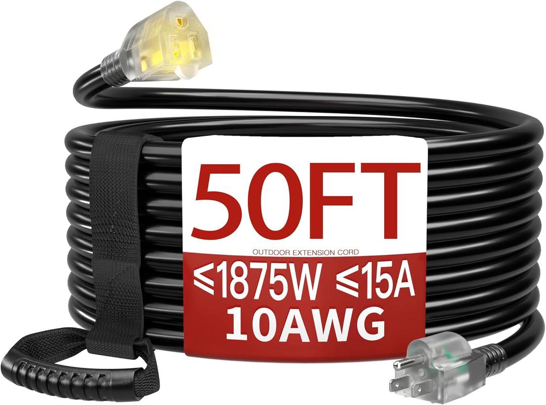 50 FT 10 Gauge Extension Cord Outdoor, Heavy Duty Weatherproof & Flame Retardant Black 3 Prong Power Cord with Light, Outside for Lawn & Garden, 15 Amps 1875 Watts 125 VAC 10AWG SJTW, ETL Listed