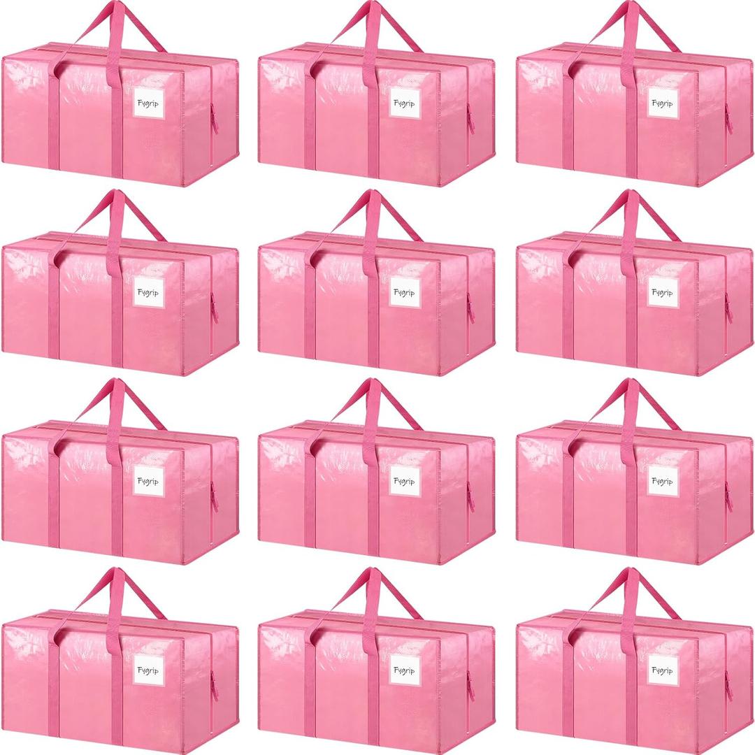 12 Pack Extra Heavy Duty Large Moving Bags with Strong Zipper & Comfortable Handles, Sturdy & Durable Clothes Storage Bags Totes Bins, Packing Moving Boxes for College Supplies, Pink