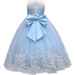 Flower Girl Lace Dress for Kids Wedding Bridesmaid Pageant Party Formal Long Maxi Gown Big Little Princess First Communion Birthday Dance Prom Sequins Bowknot Puffy Tulle Dresses, Blue, 9-10 Years