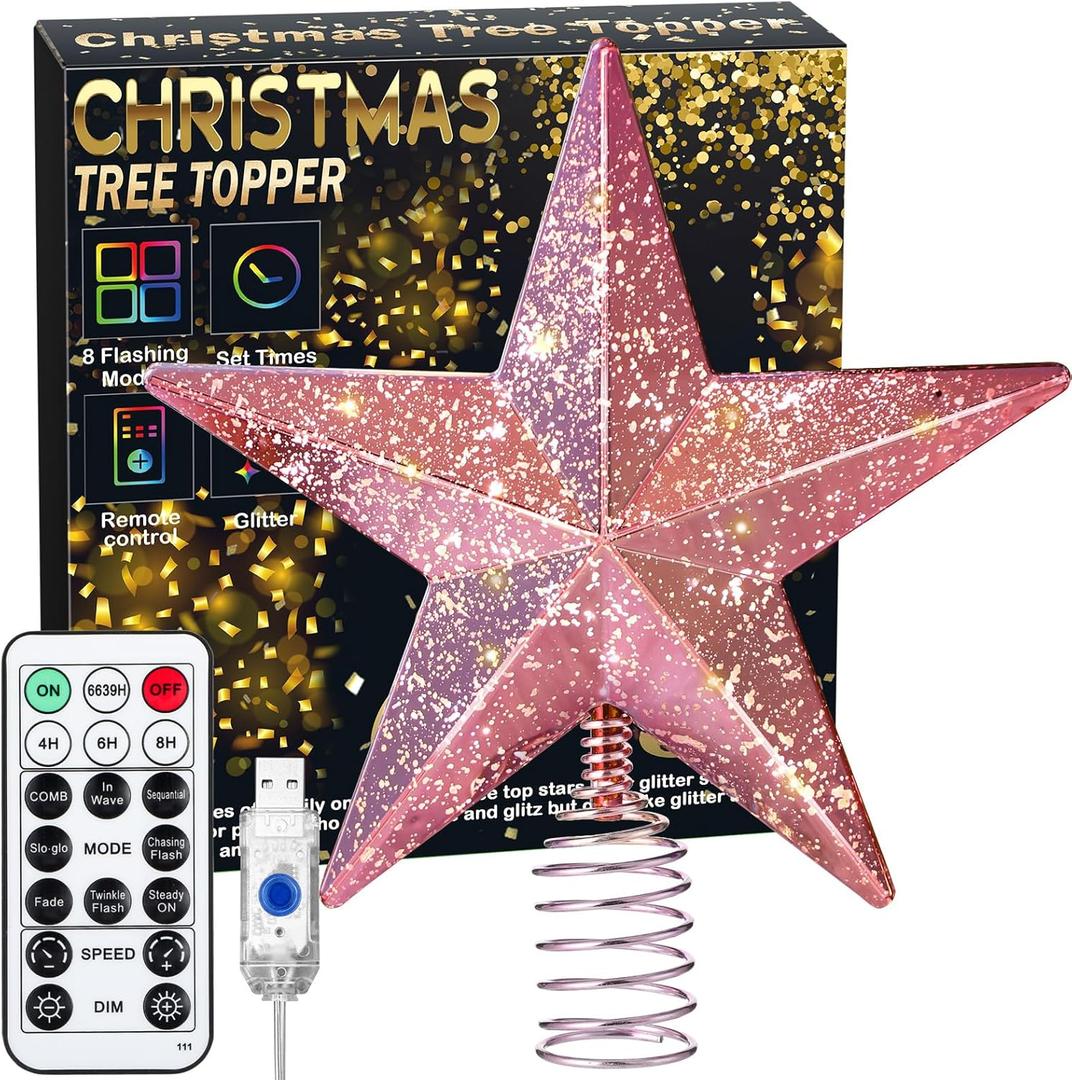 Christmas Tree Star Topper with Lights, 8.5-Inch Light-Up Christmas Tree Topper with Remote Control, 4 Brightness Levels & 8 Light Modes, Faux Mercury Glitter Design with 20 Lights (Pink)