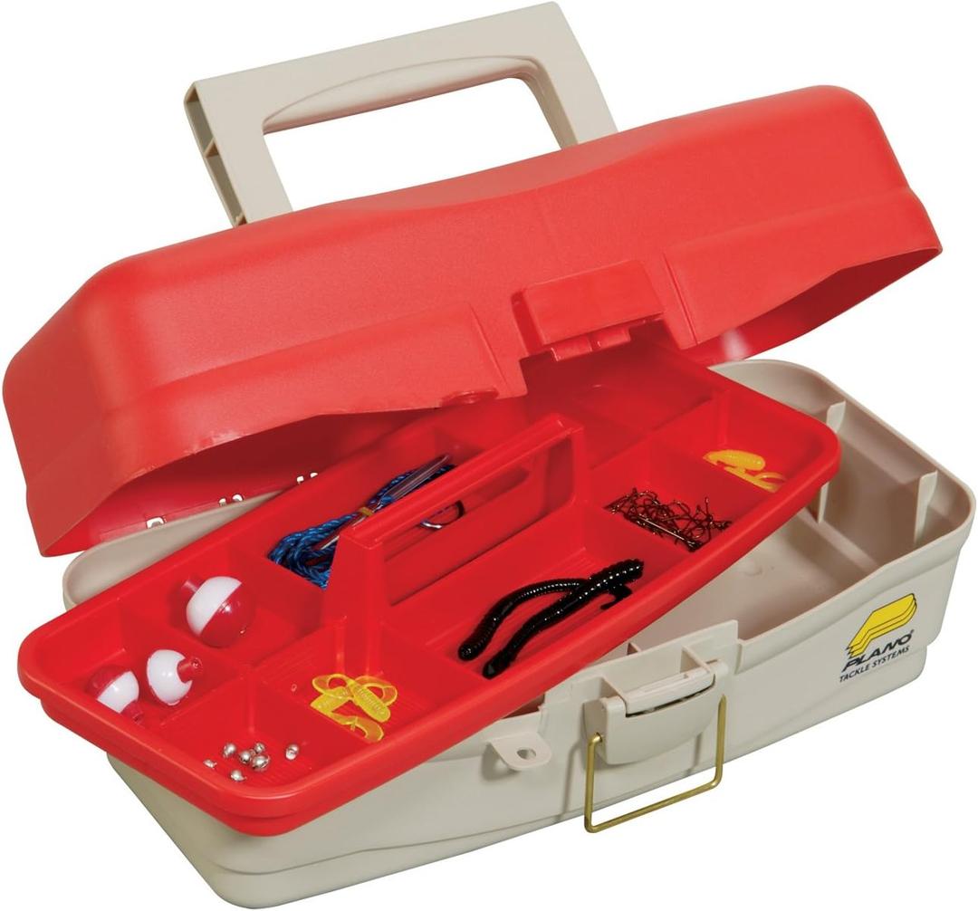 Plano One Tray Take Me Fishing Tackle Box with Tackle, Premium Tackle Storage, Red/Beige