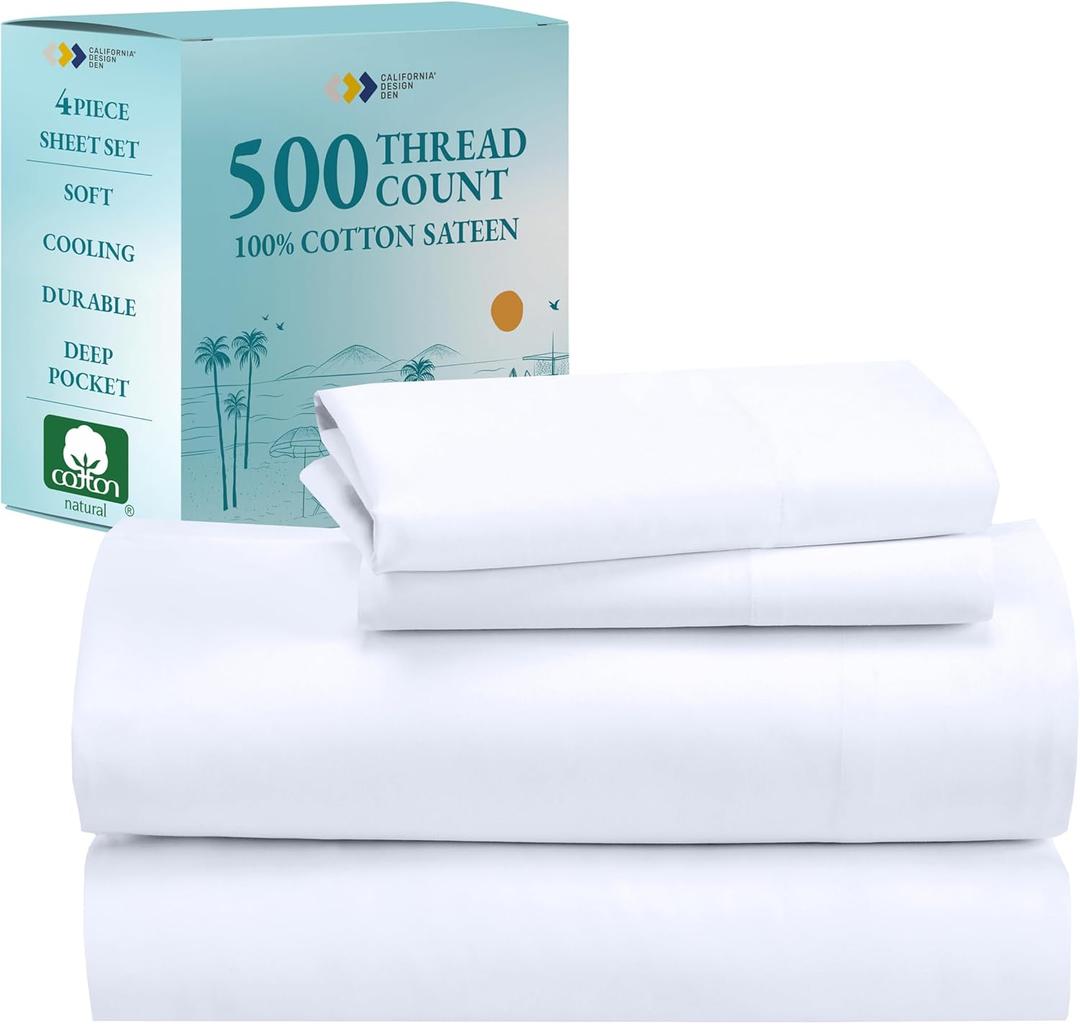 California Design Den Full Size Sheet Set - 100% Cotton, 500 Thread Count Sateen, Cooling Deep Pocket Bed Sheets with Fitted Elastic Sheet, Extra Soft Luxury Hotel Quality - White