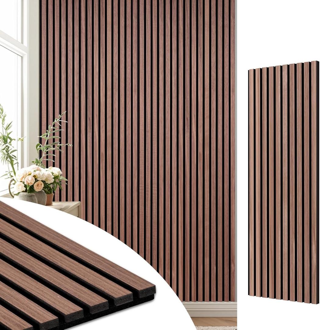 DOLLAR BOSS Acoustic Wood Panels 47.2"x15.7" 2-Pack - Soundproof Wall Tiles with 3D Fluted Design, Eco-Friendly MDF & Fiberboard, Easy Install for Studio/ Office/ Bedroom (Walnut)