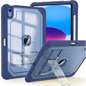 ZoneFoker Case for iPad 11-inch (A16) 2025 / iPad 10th Gen 10.9 inch 2022, Heavy Duty Shockproof Rugged Protective with Pencil Holder, 11th / 10th Translucent Cover with Kickstand, Navy Blue