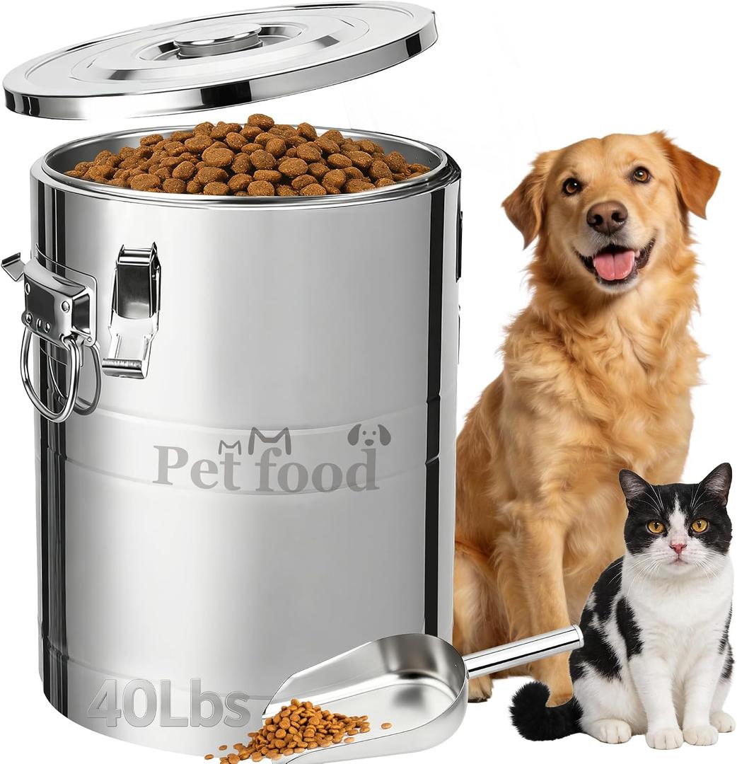 Newget 40 Lbs Stainless Steel Dog Food Storage Container, Large Airtight Pet Food Storage Bin with Lid to Keep Fresh, Metal Container with Scoop for Dog, Cat, Bird Seed, Rice, Grain & Kitchen Pantry