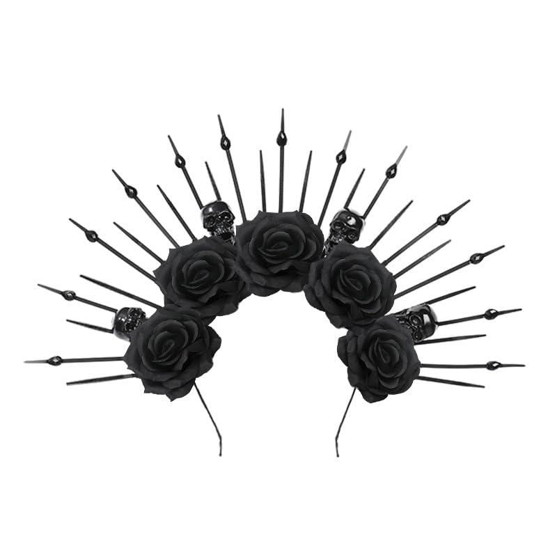 Halloween Black Rose Skull Goddess Halo Crown Headband for Women, Mexican Day of The Dead Gothic Flower Sunburst Headpiece Spiked Headdress for Halloween Carnival Party Cosplay Costume