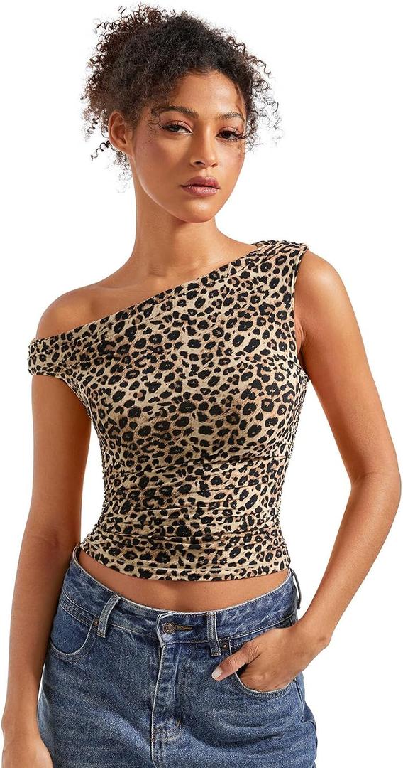 SUUKSESS Women Off Shoulder Tops Sleeveless Shirts Y2K Trendy Going Out Crop Tank Top (Cheetah Print, S)