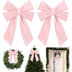 Hungdao 2 Pack Extra Large Pink Christmas Bows Outdoor Decorations, 12”x18” Waterproof Fabric Christmas Bows with Stuffed for Wreaths Garland Tree Topper Stairs Railing Porch