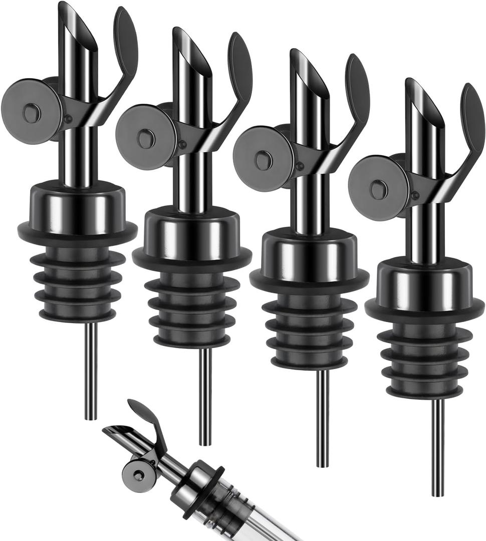 4 Pack Professional Olive Oil Dispenser Spout Stainless Steel Pour Spouts, Weighted Olive Oil Spout with Auto Flip Dust Caps for Alcohol Olive Oil Bar Bartender Accessories Black