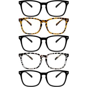 5 Pack Blue Light Blocking Reading Glasses Fashion Square Computer Readers for Women Men, Anti UV Ray Nerd Eyeglasses (5C B, 1.25)
