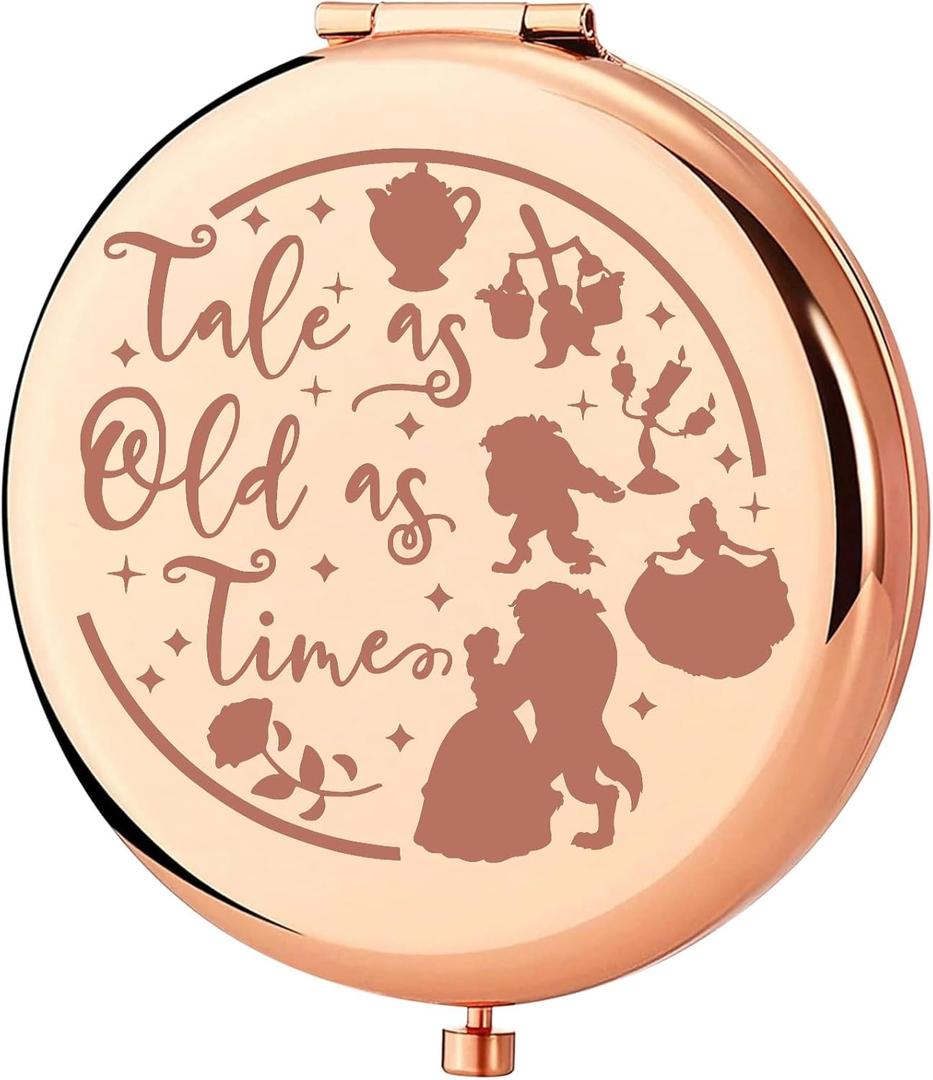 KEYCHIN Princess Beauty Pocket Mirror Princess Rose Gifts Tale As Old As Time Compact Makeup Mirror Fairytale Movie Merch (Tale As Old-RG)