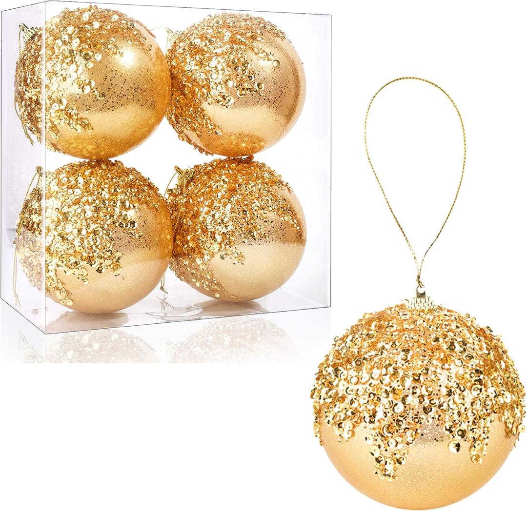 4pc Gold Christmas Ball Ornaments, Shatterproof Christmas Ball Decorations for Trees, Wedding Party Holiday Decorations (10.5CM/4")