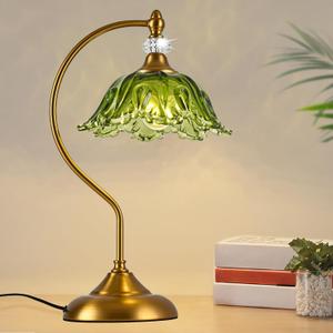 Vintage Table Lamp with a Floral Green Glass Shade, A Plug-in Nightstand Lamp in Matte Brass Finish for Bedroom, Living Room, Office, and Desk