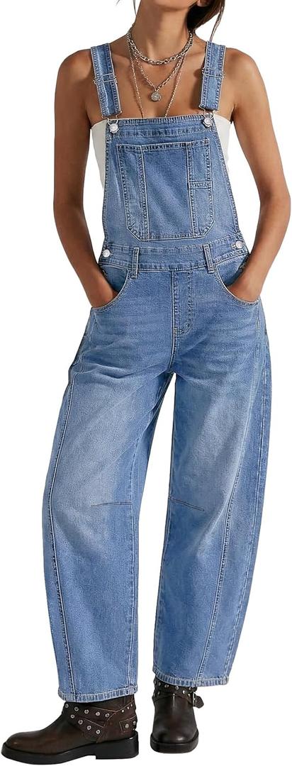 luvamia Denim Overalls for Women Barrel Leg Baggy Loose Fit Bib Stretchy Jean Jumpsuit Adjustable Strap Casual Overall (Medium, Medium Blue)