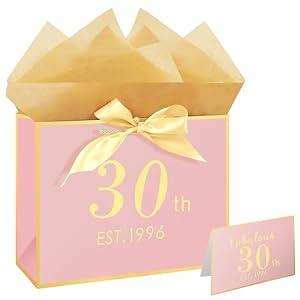 3 x Eaureum 30th Birthday Gift Bag for Women, 13" Pink Gold 30th Birthday Gift Bag Party Decorations for 30 years old Women Friends Lover
