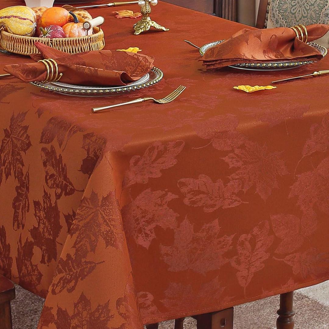 SASTYBALE Thanksgiving Rust Red Maple Leaf Tablecloth - 60x84 Inch Rectangle Jacquard Vintage, Spill-Proof Wrinkle Free for Fall Harvest Feasts & Family Festive Dinners