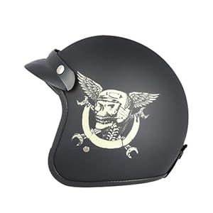  GJH 3/4 Open Face Motorcycle Helmet Matte Black Vintage Skull Design with Visor for Men Women Bobber Scooter ATV Cruiser DOT Approved Cool and Comfortable-181-L 