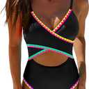 popvil One Piece Swim Suit for Women 2026 Neon Bathing Suit Cut Out Wrap Color Block Swimsuits Shell Stitched Swimwear (Large, Black)