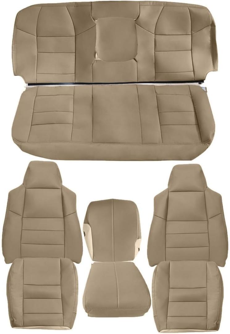 NLQR Tan Leather Front Driver & Passenger & Rear Seat Covers Replacement Full Set fit for Ford F250 F350 F450 F550 Lariat 2002 2003 2004 2005 2006 2007 Bottom & Top Lean Back & Headrests & Armrests