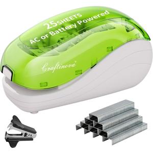 Electric StaplerIncluding 2000 Staples and 1 Staple Remover, Suitable for Palm Size and high Comfort25 Sheet Capacity, AC Adapter or Battery PoweredBattery not Included (Green)