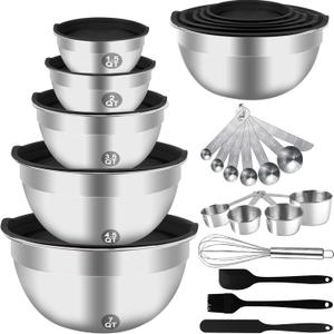 WEPSEN Mixing Bowls Set, 25PCS Stainless Steel Mixing Bowl with Lid Set, Large Nesting Bowls 7, 4.5, 3,2, 1.5QT, Measuring Cups and Spoons Baking Utensils Metal Bowl for Kitchen Prep