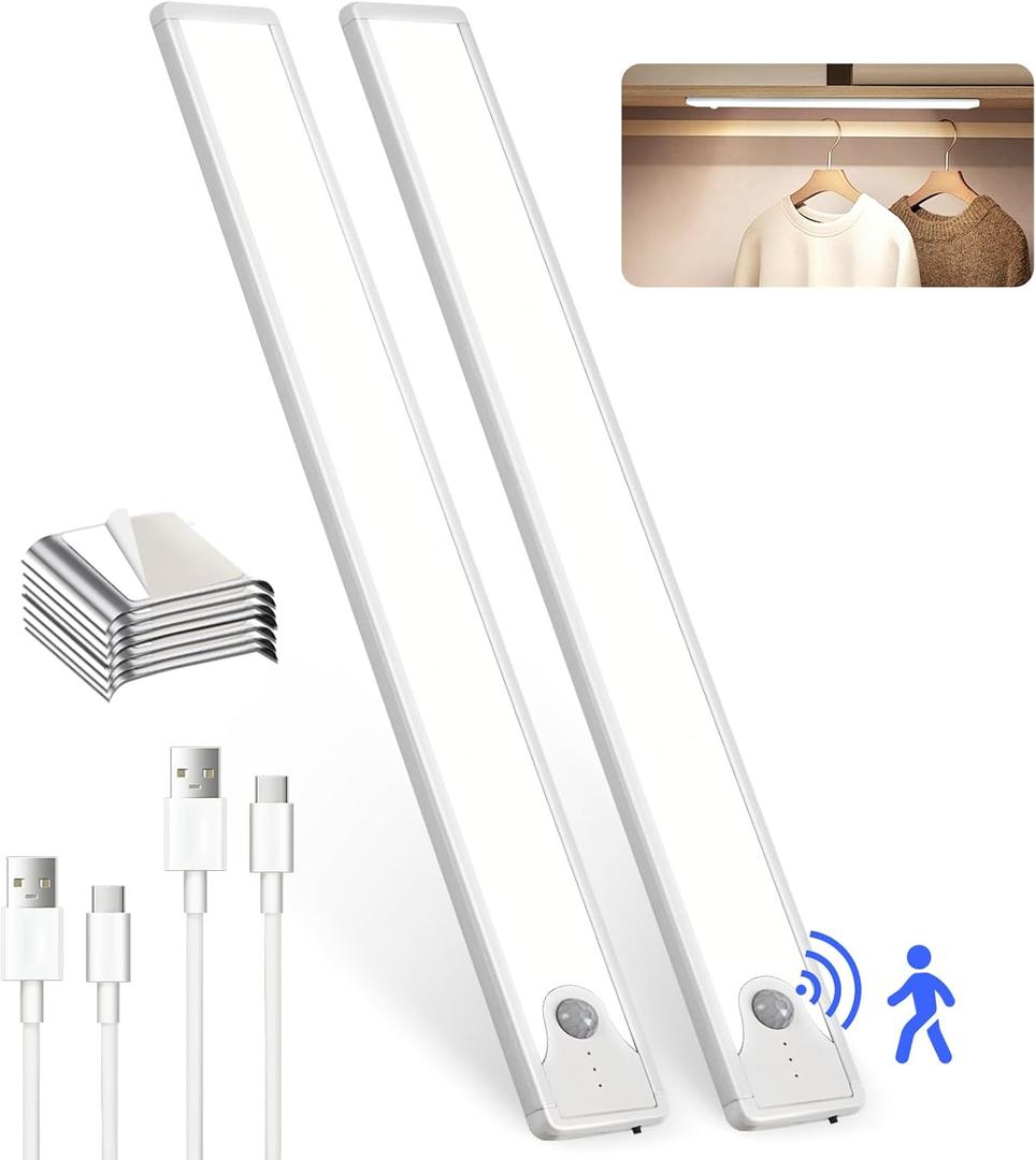 16 Inch Under Cabinet Lights, 83 LED Rechargeable Magnetic Motion Sensor Light Indoor, Brightness Dimmable 6500K Stepless Dimming Closet Light, for Under Counter, Kitchen, Stairs, Closet, 2 Packs